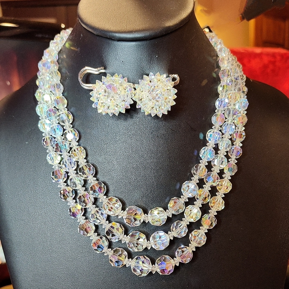 Vintage AB Crystal Multi-strand Necklace & Clip Earrings - Gorgeous Clasp
